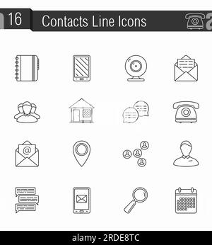 Satz mit 16 Kontakten, Symbole für dünne Linien, Vektor EPS10-Abbildung Stock Vektor