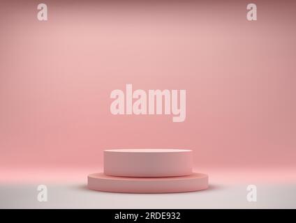 3D pinkfarbene Podiumtreppen stehen auf einem weißen Boden, und der zarte pinke Hintergrund ist ein minimalistisches Modell für die Produktpräsentation. Es ist perfekt, um Ihren Profi zu präsentieren Stock Vektor