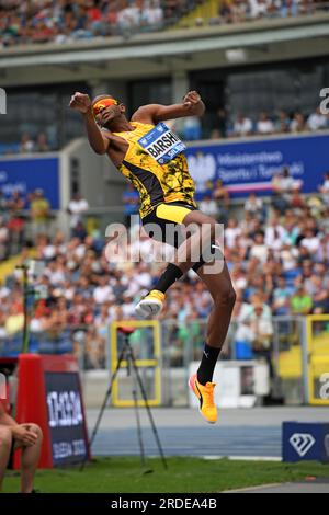 Mutaz Essa Barshim (QAT) gewinnt den Hochsprung mit 7-8 3/4 (2,36 m) während des Skolimowska Memorial am Sonntag, 16. Juli 2023, in Chorzow, Polen. (Jiro Mochizuki/Bild des Sports) Stockfoto