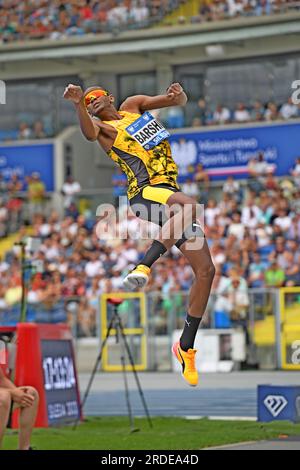 Mutaz Essa Barshim (QAT) gewinnt den Hochsprung mit 7-8 3/4 (2,36 m) während des Skolimowska Memorial am Sonntag, 16. Juli 2023, in Chorzow, Polen. (Jiro Mochizuki/Bild des Sports) Stockfoto