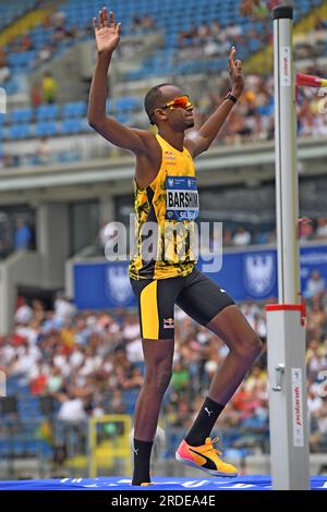 Mutaz Essa Barshim (QAT) gewinnt den Hochsprung mit 7-8 3/4 (2,36 m) während des Skolimowska Memorial am Sonntag, 16. Juli 2023, in Chorzow, Polen. (Jiro Mochizuki/Bild des Sports) Stockfoto