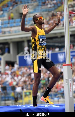 Mutaz Essa Barshim (QAT) gewinnt den Hochsprung mit 7-8 3/4 (2,36 m) während des Skolimowska Memorial am Sonntag, 16. Juli 2023, in Chorzow, Polen. (Jiro Mochizuki/Bild des Sports) Stockfoto