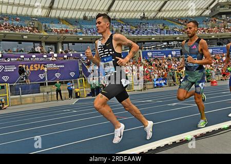 Jakob Ingebrigtsen (NOR) gewinnt die 1.500 m in einem nationalen Rekord von 3:27,14, während der Gedenkstätte Skolimowska am Sonntag, den 16. Juli 2023, in Chorzow. Polen. (Jiro Mochizuki/Bild des Sports) Stockfoto