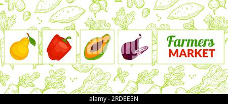 Verkauf von frischem tropischem und exotischem Obst und Gemüse auf dem Bauernmarkt. Kauf von Produkten und Lebensmitteln, Ernährung und Einkäufe. Papaya und Zwiebel, Erbse Stock Vektor