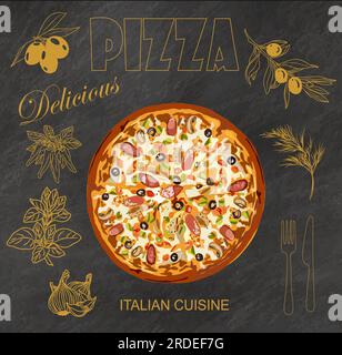 Pizza köstliche italienische Küche, handgezeichnet, Vektor. Stock Vektor