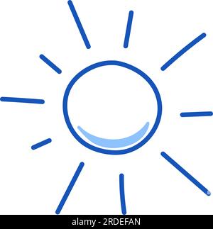 Sonnendudel. Handgezeichnete Skizze, kritzelartige Sonne. Isoliertes Element mit blauer Stiftlinie. Sommerhimmel-Konzept. Vektordarstellung. Stock Vektor