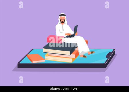 Flacher Zeichentrickfilm, der einen männlichen arabischen Studenten auf einem Stapel Bücher zeichnet, während er auf dem Smartphone-Bildschirm auf dem Laptop tippt. Digitale Online-Schulungen Stockfoto