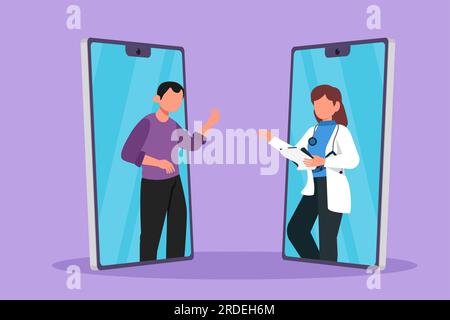 In einer flachen Cartoon-Zeichnung von zwei Smartphones von Angesicht zu Angesicht sprechen männliche Patienten online mit einer Ärztin, während sie das Klemmbrett halten. Digitale Heilung Stockfoto