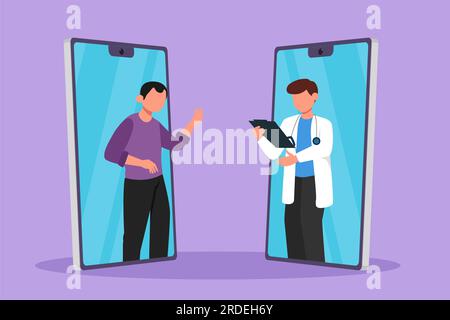 Flaches Grafikdesign, in dem zwei Smartphones von Angesicht zu Angesicht gezeichnet werden, zeigt einen jungen Mann, der online mit einem männlichen Arzt spricht, während er das Clipboard hält. Digital Hea Stockfoto