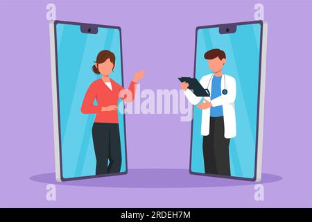 Die Figur zeichnet zwei Smartphones von Angesicht zu Angesicht, während eine junge Patientin online mit einem männlichen Arzt spricht und dabei das Klemmbrett hält. Digitale Heilkunde Stockfoto