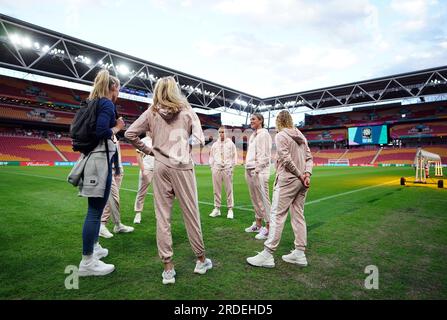 Englische Spieler im Brisbane Stadium, Australien, nach einer Pressekonferenz. Die Löwin wird am Samstag, den 22. Juli, in Brisbane ihre FIFA-WM-Kampagne gegen Haiti starten. Bilddatum: Freitag, 21. Juli 2023. Stockfoto