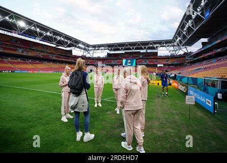 Englische Spieler im Brisbane Stadium, Australien, nach einer Pressekonferenz. Die Löwin wird am Samstag, den 22. Juli, in Brisbane ihre FIFA-WM-Kampagne gegen Haiti starten. Bilddatum: Freitag, 21. Juli 2023. Stockfoto