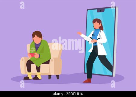 Grafisches flaches Design, das eine Patientin mit Fieber zeigt, sitzt auf dem Sofa, benutzt eine Decke, hält die Tasse und es gibt eine Ärztin, die aus dem Smartphone geht Stockfoto