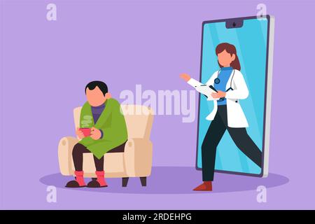 Cartoon flacher Stil, männliche Patientin mit Fieber, sitzt auf dem Sofa, benutzt eine Decke, hält einen Becher und es gibt eine weibliche Ärztin, die aus dem Smartphone geht Stockfoto