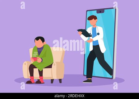 Figur-Wohnung, die einen jungen männlichen Patienten mit Fieber zeichnet, sitzt auf dem Sofa, benutzt eine Decke, hält einen Becher und es gibt einen männlichen Arzt, der aus dem Smartphone geht Stockfoto