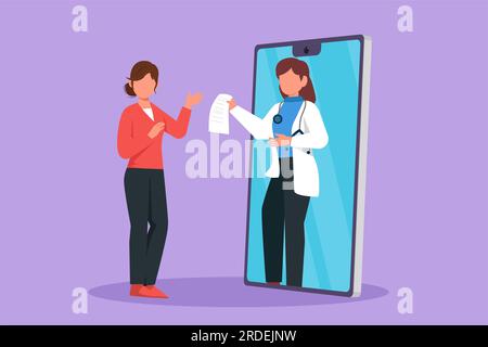 Cartoon-Flach-Zeichnung einer Patientin, die von einer Ärztin verschrieben wird, die aus dem Smartphone-Bildschirm kommt. Online medizinische Beratung Stockfoto