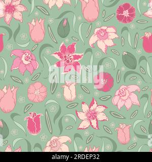 Tulpenblumen, nahtloses Muster. Handgezeichnet, Retro, Vintage Stock Vektor