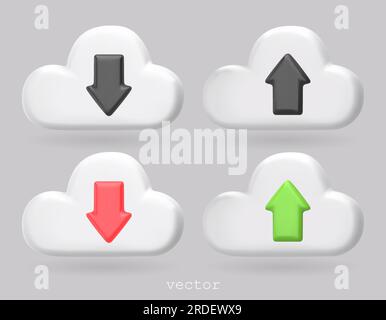 3D Rendern Sie Media Cloud für die Verwaltung von Multimediadaten. Symbol für Datenübertragung 3D. Symbol für Cloud-Datenspeicherung. Wolke mit Pfeilen. Symbole hochladen, herunterladen. 3D Stock Vektor