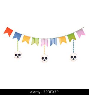 bunting-Girlande mit Schädelflaggen auf weißem isoliertem Hintergrund. heiliger Todestag Stock Vektor