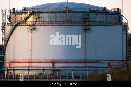 Ein Öltank befindet sich an der Küste des Industriehafens, Nahaufnahme Stockfoto