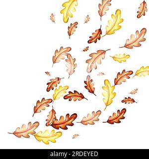 Ein Satz von Aquarellelementen. Herbstblätter aus Asche, Ahorn, Eiche. Helle Pilze. Süße, lustige Füchse. Geeignet zum Drucken von Grußkarten, Inv Stockfoto