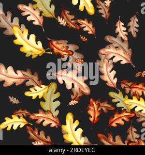 Ein Satz von Aquarellelementen. Herbstblätter aus Asche, Ahorn, Eiche. Helle Pilze. Süße, lustige Füchse. Geeignet zum Drucken von Grußkarten, Inv Stockfoto