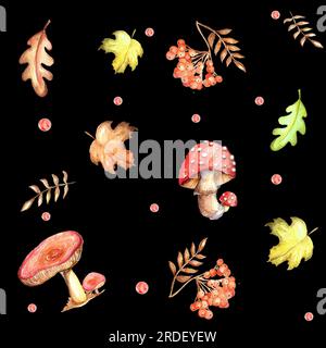 Ein Satz von Aquarellelementen. Herbstblätter aus Asche, Ahorn, Eiche. Helle Pilze. Süße, lustige Füchse. Geeignet zum Drucken von Grußkarten, Inv Stockfoto