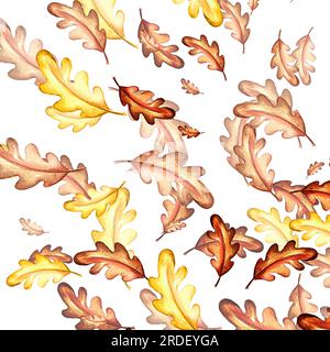 Ein Satz von Aquarellelementen. Herbstblätter aus Asche, Ahorn, Eiche. Helle Pilze. Süße, lustige Füchse. Geeignet zum Drucken von Grußkarten, Inv Stockfoto