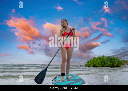 Ein wunderschönes blondes Model genießt einen Sommertag, während es sich mit ihrem Paddle-Board auf das Meer vorbereitet Stockfoto