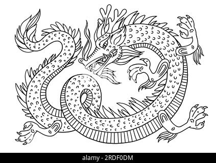 Schwarzer Konturdrache auf weißem Hintergrund. Chinesisches Neujahr. Vektorlinien für Malbuch, Tattoo-Design Stock Vektor