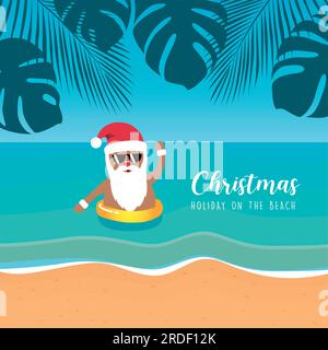 Süßer weihnachtsmann mit Sonnenbrille im Schwimmring an den Weihnachtsfeiertagen am Strand Stock Vektor