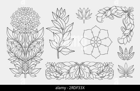 Florales Lorbeerblatt im Jugendstil 1920-1930. Handgezeichnet in einem linearen Stil mit Websträngen, Blättern und Blumen. Stock Vektor