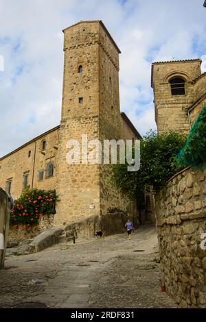 Frau und Hund laufen durch die Puerta de Santiago, Trujillo, Spanien. Blick von der Calle Ballesteros (an der Plaza Mayor). Stockfoto