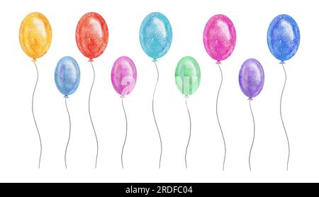 Aquarell Kollektion bunter Partyballons in Regenbogenfarben: Rot, gelb, orange, pink, grün, Hellblau und violett. Handgezeichnete Illustration Stockfoto