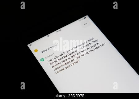 Symbolisches Bild künstliche Intelligenz, Detailansicht eines Smartphones mit der App ChatGPT, Deutschland Stockfoto