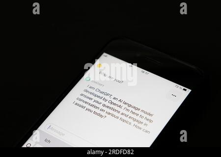 Symbolisches Bild künstliche Intelligenz, Detailansicht eines Smartphones mit der App ChatGPT, Deutschland Stockfoto