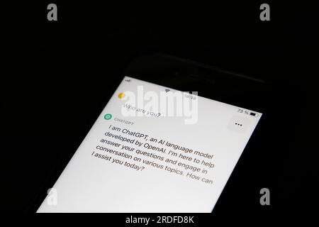 Symbolisches Bild künstliche Intelligenz, Detailansicht eines Smartphones mit der App ChatGPT, Deutschland Stockfoto