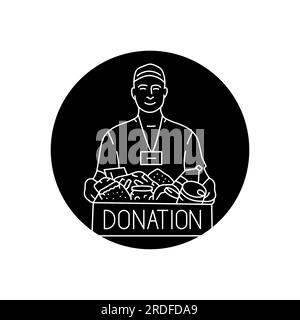 Lächelnder männlicher Freiwilliger mit schwarzem Symbol für „Food in Box“. Spende Essen. Piktogramm für Webseite, mobile App, Werbeaktion. Stock Vektor