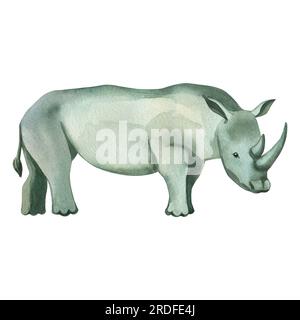 Afrikanisches Nashorn. Aquarelle Zeichnung, handgezeichnete Nashörner in Aquarell auf weißem Hintergrund mit blauer und grauer Farbe. Zum Drucken geeignet Stockfoto