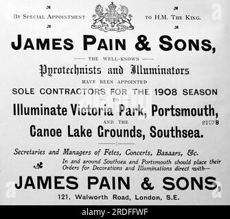 Werbung für James Pain und Söhne, Pyrotechniker und Strahler der Walworth Road London 121. Verantwortlich für die Beleuchtung im Victoria Park, Portsmouth und Canoe Lake Grounds, Southsea. Aus einer Sammlung gedruckter Anzeigen und Fotos von 1908, die sich auf die Southsea und Portsmouth Gegenden von Hampshire, England, beziehen. Einige der Originale waren kaum größer als die Snapshot-Größe und die Qualität war variabel. Stockfoto