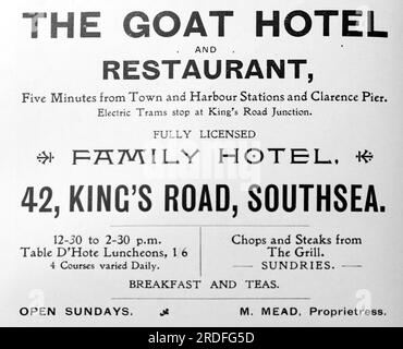 Werbung für das Goat Hotel and Restaurant von 42, King's Road, Southsea. Aus einer Sammlung gedruckter Anzeigen und Fotos von 1908, die sich auf die Southsea und Portsmouth Gegenden von Hampshire, England, beziehen. Einige der Originale waren kaum größer als die Snapshot-Größe und die Qualität war variabel. Stockfoto