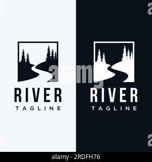 Logos von Flüssen, Bächen, Flüssen und Flüssen. River Logo mit einer Kombination aus Bergen und Ackerland und Vektordesign. Stock Vektor