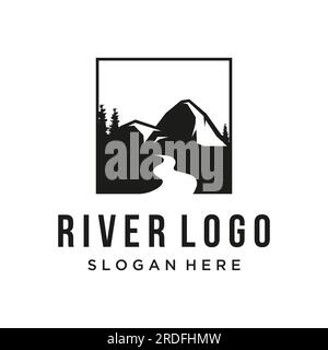 Logos von Flüssen, Bächen, Flüssen und Flüssen. River Logo mit einer Kombination aus Bergen und Ackerland und Vektordesign. Stock Vektor