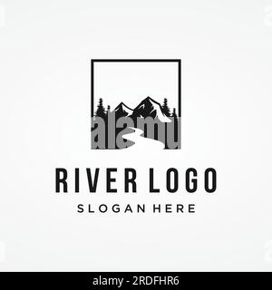 Logos von Flüssen, Bächen, Flüssen und Flüssen. River Logo mit einer Kombination aus Bergen und Ackerland und Vektordesign. Stock Vektor