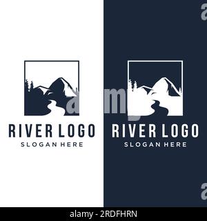 Logos von Flüssen, Bächen, Flüssen und Flüssen. River Logo mit einer Kombination aus Bergen und Ackerland und Vektordesign. Stock Vektor