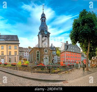 Evangelische Stadtkirche Monschau, Nordrhein-Westfalen, Deutschland Stockfoto