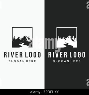 Logos von Flüssen, Bächen, Flüssen und Flüssen. River Logo mit einer Kombination aus Bergen und Ackerland und Vektordesign. Stock Vektor