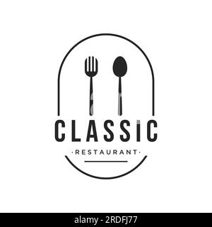 Retro-Restaurant-Emblem. Geschirrspüler-Logo und handgezeichnete Restauranttypografie im Vintage-Stil. Stock Vektor