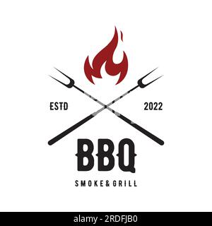 BBQ Hot Grill Vintage-Schriftzeichen mit gekreuzten Flammen und Spachtel. Logo für Restaurant, Marke, Café und Bar. Stock Vektor