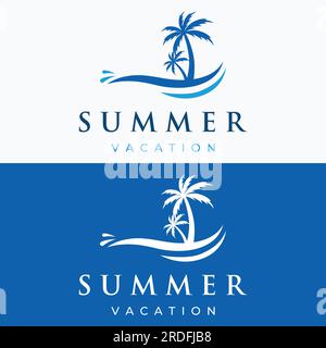 Sommerurlaub kreatives Logo am Strand mit Symbolen von Wellen, Palmen und Surfbrettern im Retro-Stil. Emblem, Label, Poster, Abzeichen. Stock Vektor